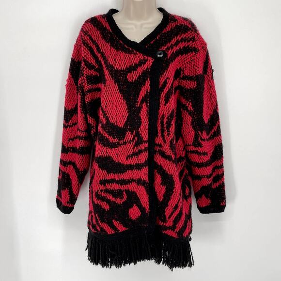 Chico’s Wool Blend Red Black Agatha Abstract Fringe Sweater Sz Chico's 1 / M 8 - Picture 1 of 12